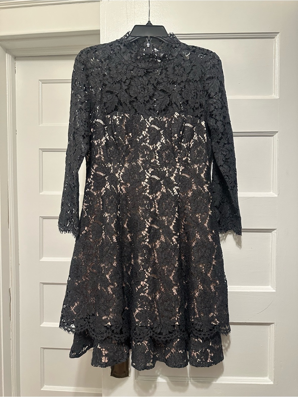 Eliza J Gray Lace Long Sleeve Fit-and-Flare Dress with Nude Lining
